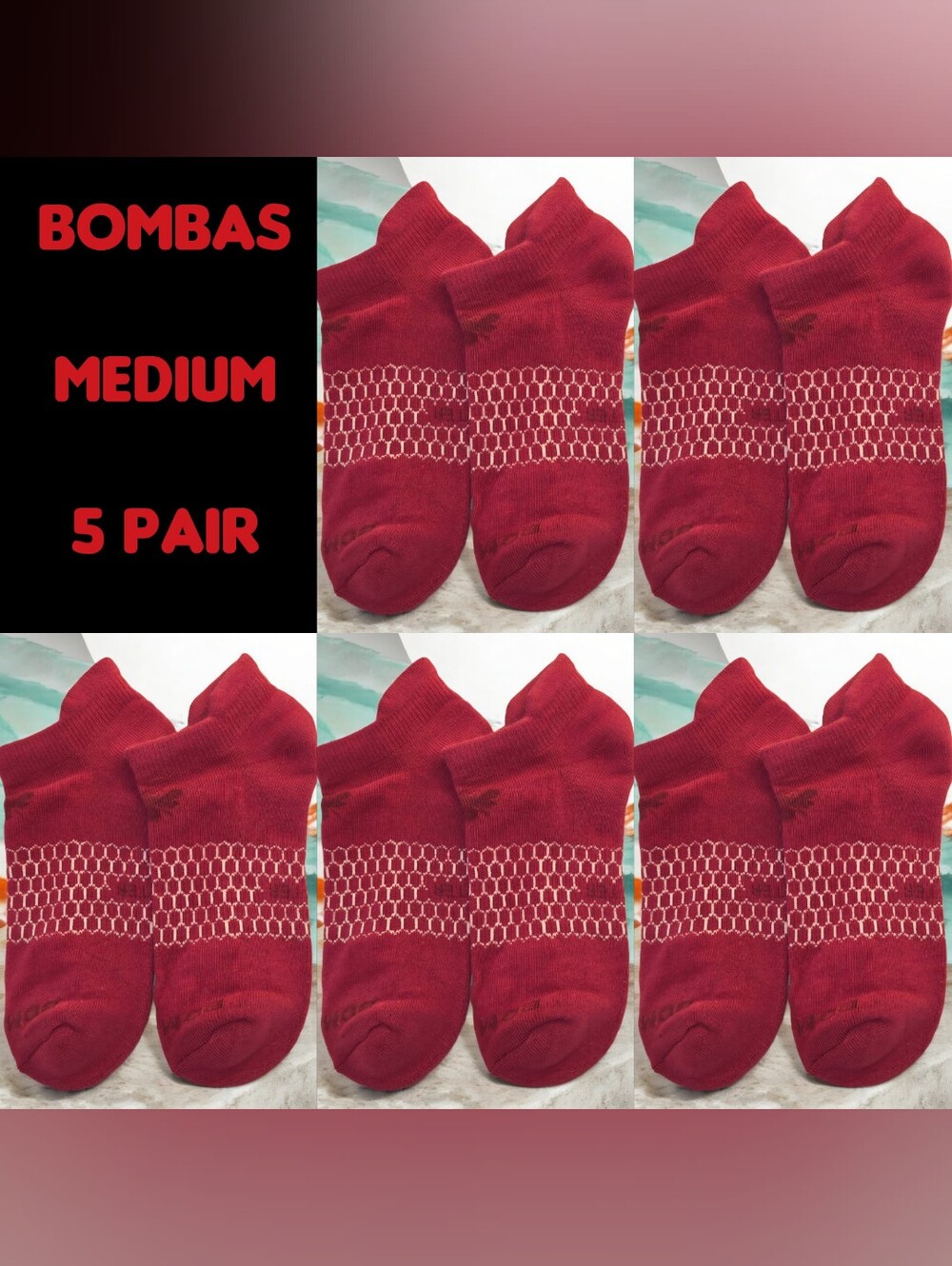 Bombas Medium Ankle Socks Burgundy & White 5 Pair BNWT Unisex Honeycomb